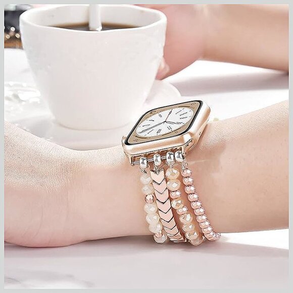 Beaded Bracelet Compatible with Apple Watch Band 42mm 44mm 45mm , Rose Gold - Picture 4 of 6